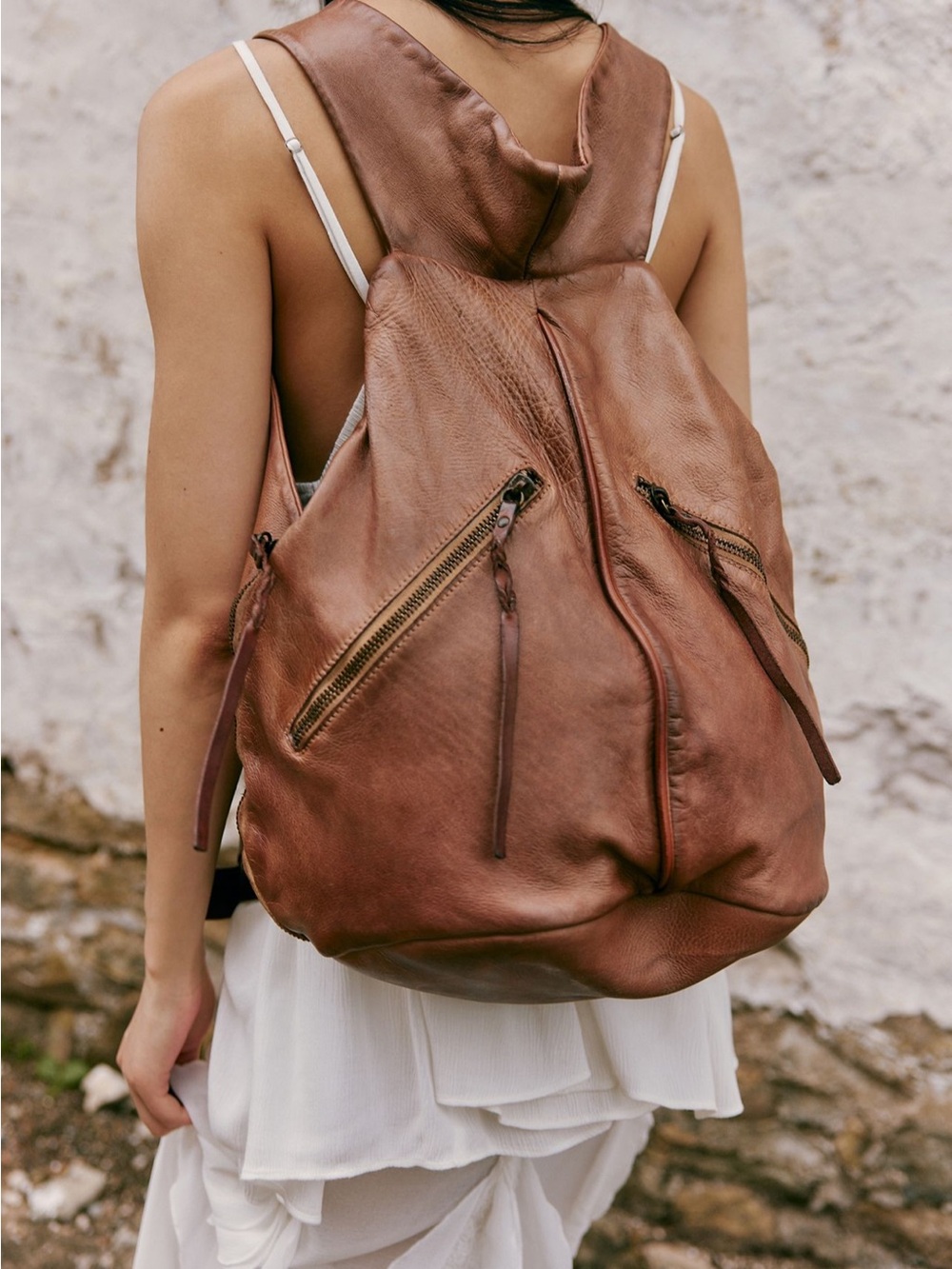 Free People Bronko Carmel Leather Drawstring Backpack